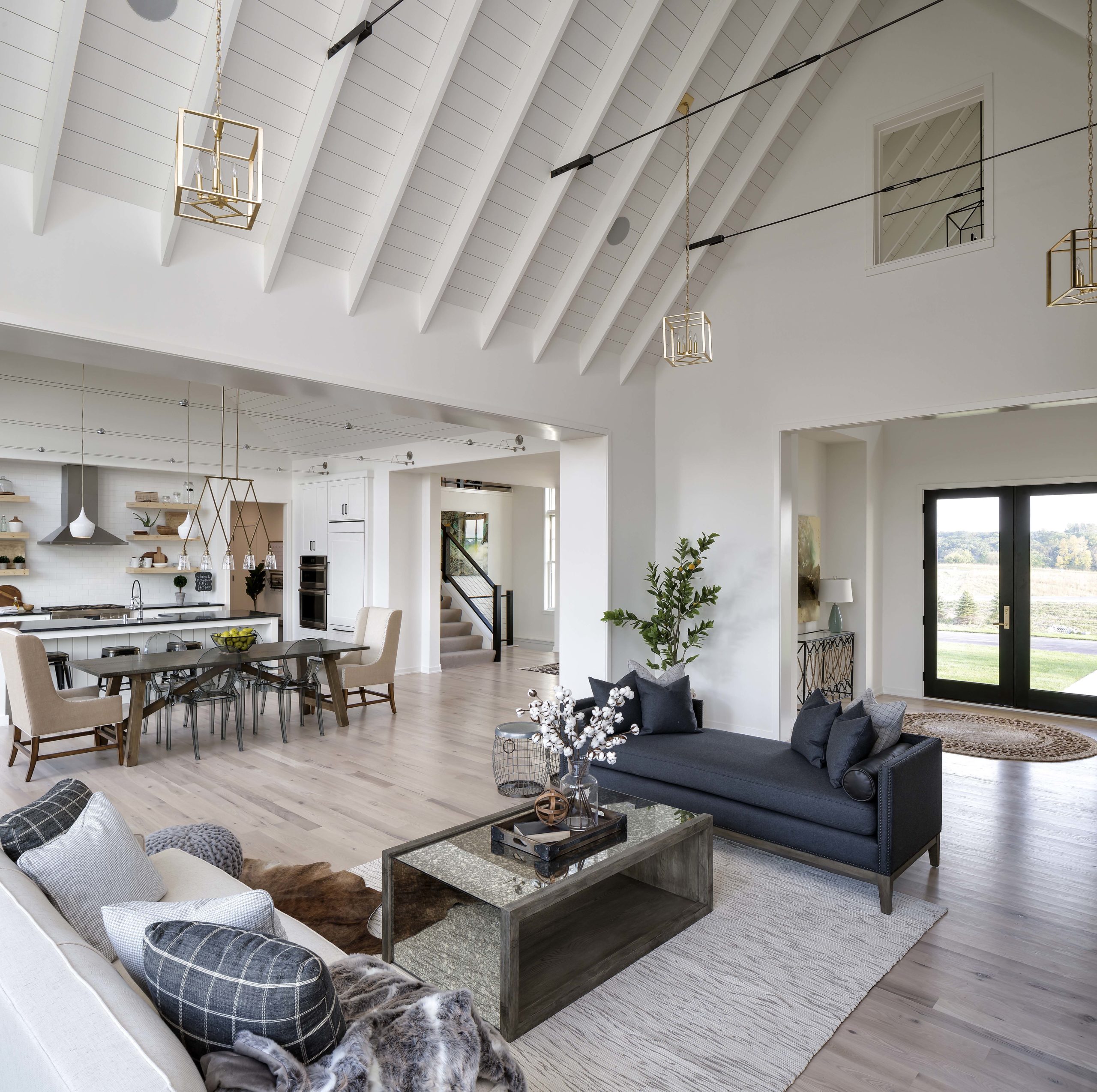 farmhouse style living room with white shiplap ceilings and modern furniture