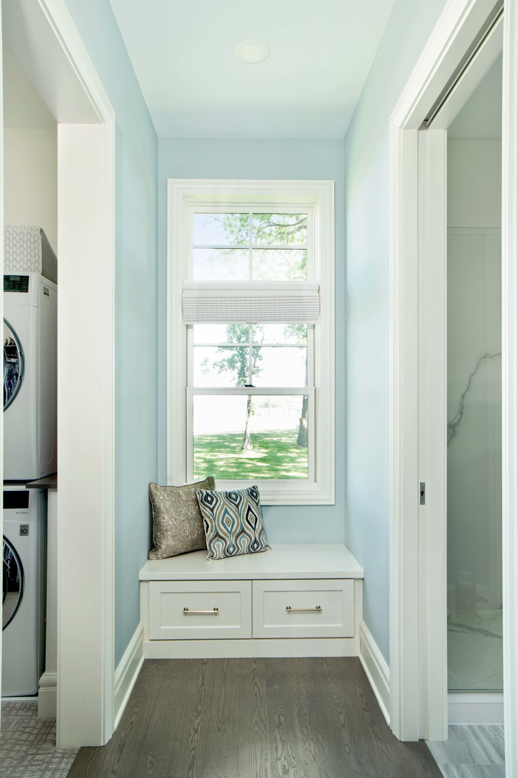 reading nook with blue walls